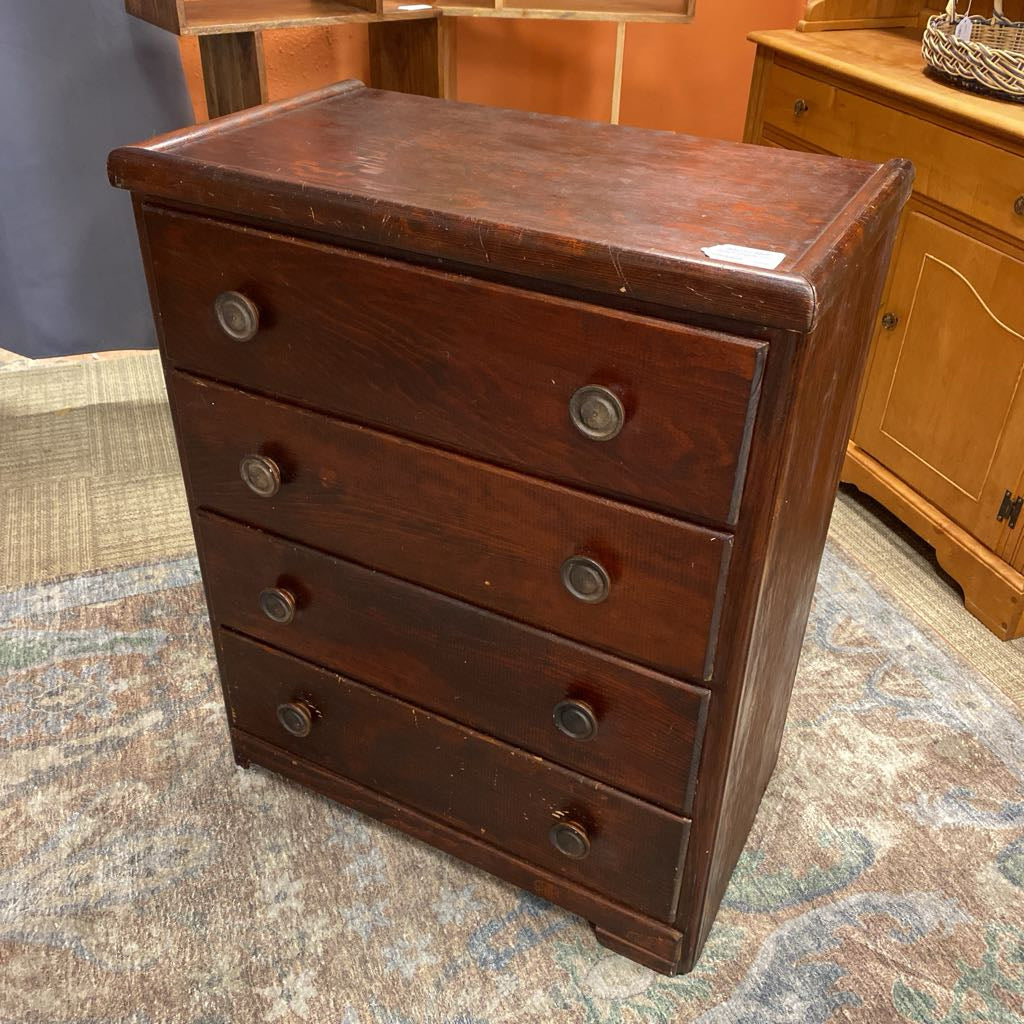 Vintage Dark Wood Four Drawer Chest w/Target Pulls C CABINETS