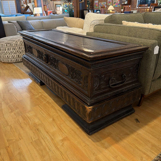 Dark Wood Carved Long Chest w Face Accent
