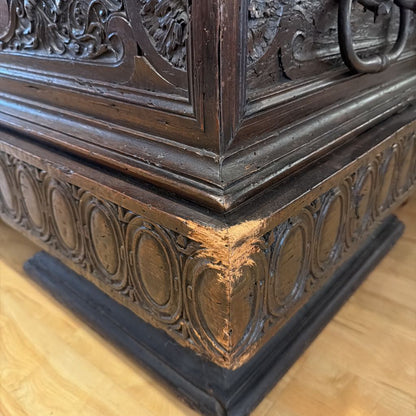 Dark Wood Carved Long Chest w Face Accent
