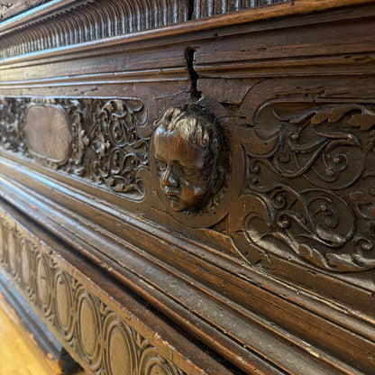 Dark Wood Carved Long Chest w Face Accent