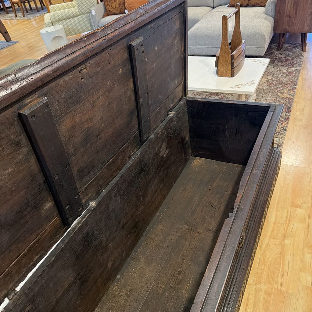 Dark Wood Carved Long Chest w Face Accent
