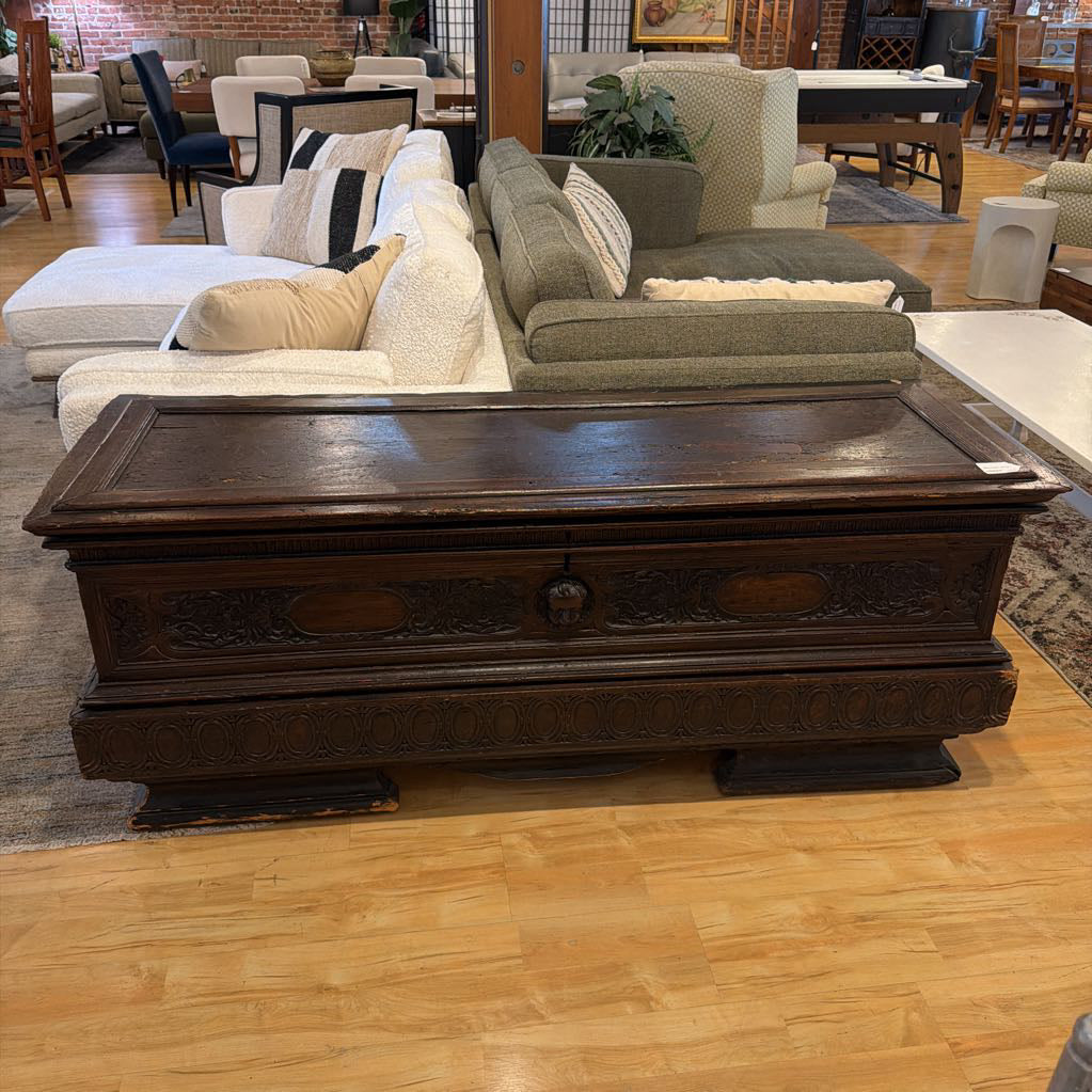 Dark Wood Carved Long Chest w Face Accent