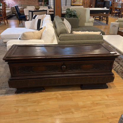 Dark Wood Carved Long Chest w Face Accent
