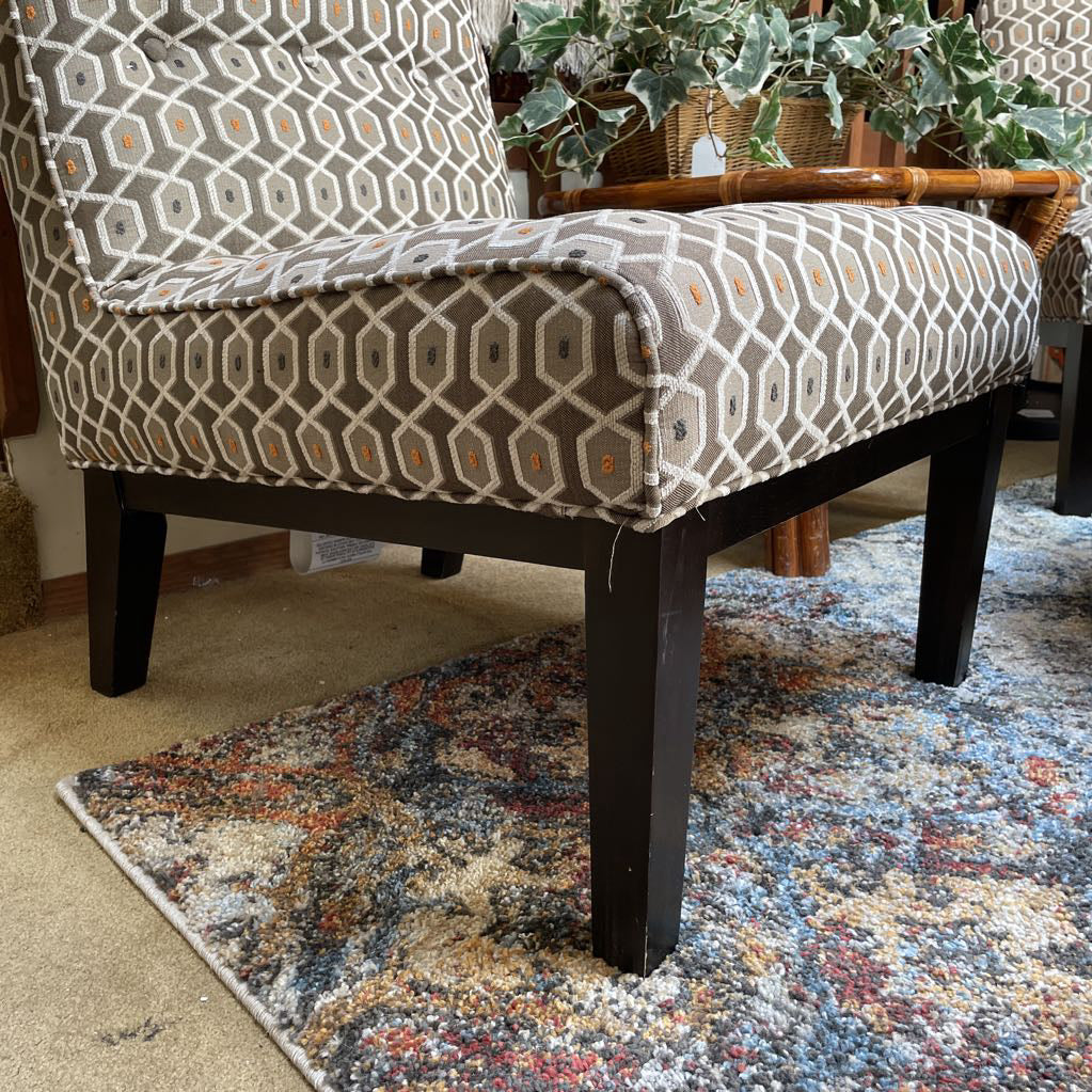 Geometric White & Gray/Brown Tufted Upholstry Slipper Chair