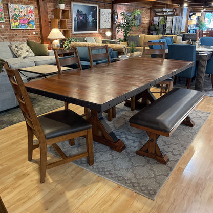 Rustic Industrial Expanding Trestle Studded Metal Dining Table SET w/ 4 Leather Chairs & Bench