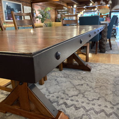 Rustic Industrial Expanding Trestle Studded Metal Dining Table SET w/ 4 Leather Chairs & Bench