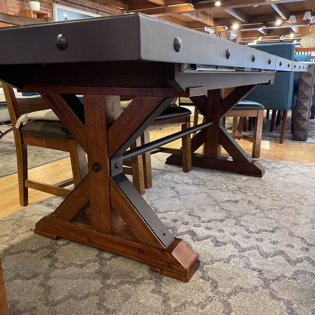 Rustic Industrial Expanding Trestle Studded Metal Dining Table SET w/ 4 Leather Chairs & Bench