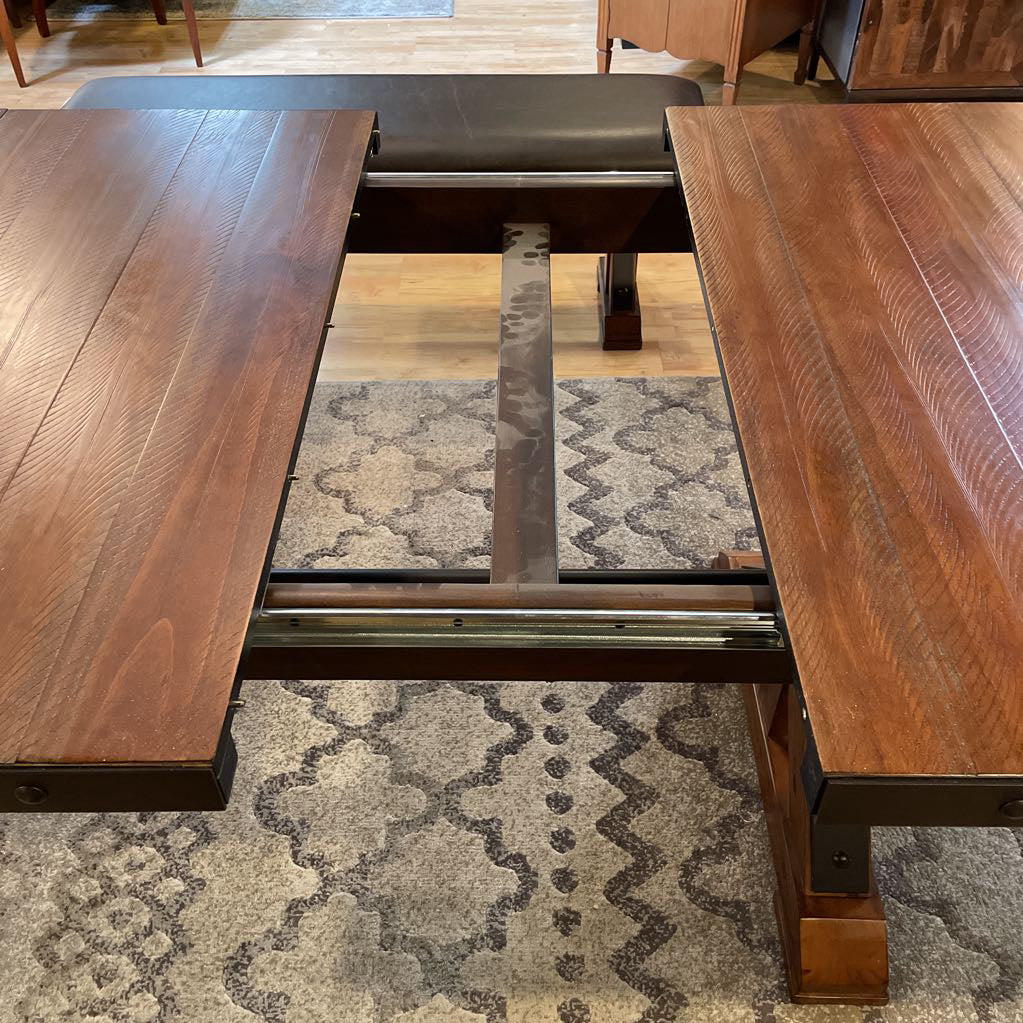 Rustic Industrial Expanding Trestle Studded Metal Dining Table SET w/ 4 Leather Chairs & Bench