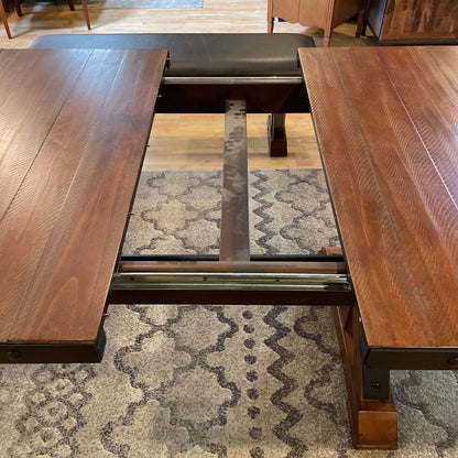 Rustic Industrial Expanding Trestle Studded Metal Dining Table SET w/ 4 Leather Chairs & Bench