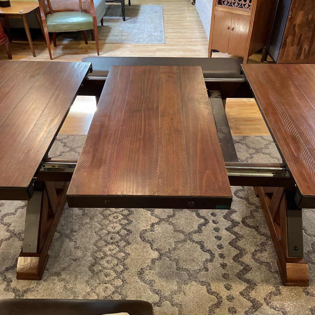 Rustic Industrial Expanding Trestle Studded Metal Dining Table SET w/ 4 Leather Chairs & Bench