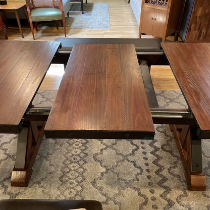 Rustic Industrial Expanding Trestle Studded Metal Dining Table SET w/ 4 Leather Chairs & Bench