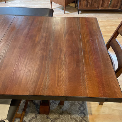 Rustic Industrial Expanding Trestle Studded Metal Dining Table SET w/ 4 Leather Chairs & Bench