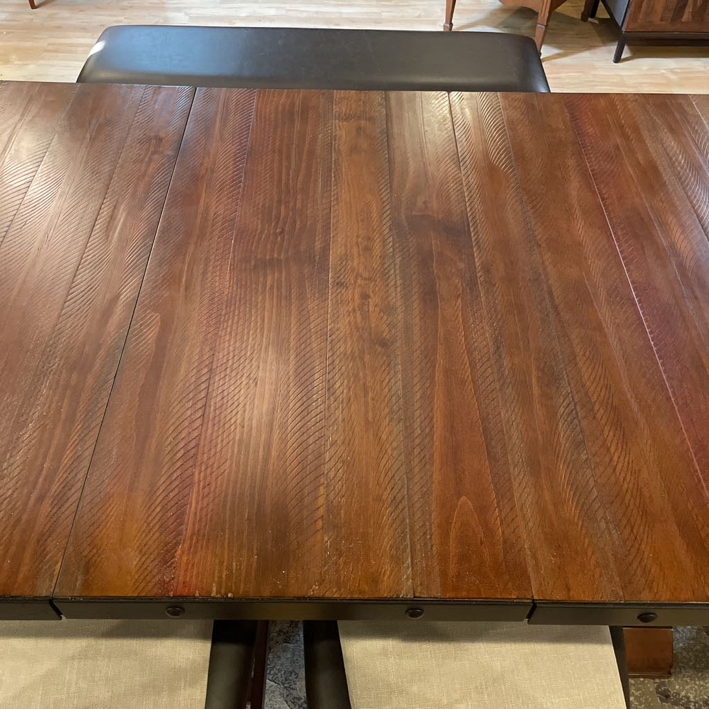 Rustic Industrial Expanding Trestle Studded Metal Dining Table SET w/ 4 Leather Chairs & Bench