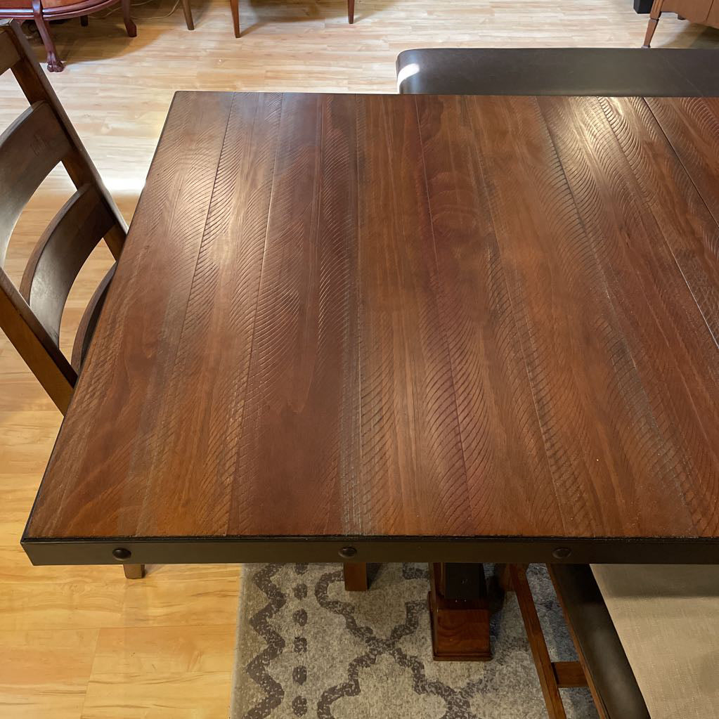 Rustic Industrial Expanding Trestle Studded Metal Dining Table SET w/ 4 Leather Chairs & Bench