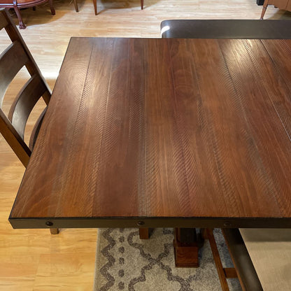 Rustic Industrial Expanding Trestle Studded Metal Dining Table SET w/ 4 Leather Chairs & Bench