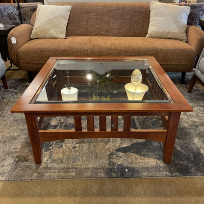 Ethan Allen Glass Top Square Wooden Coffee Table C COFFEE TABLES
