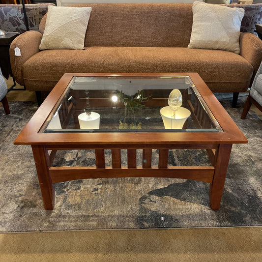 Ethan Allen Glass Top Square Wooden Coffee Table C COFFEE TABLES