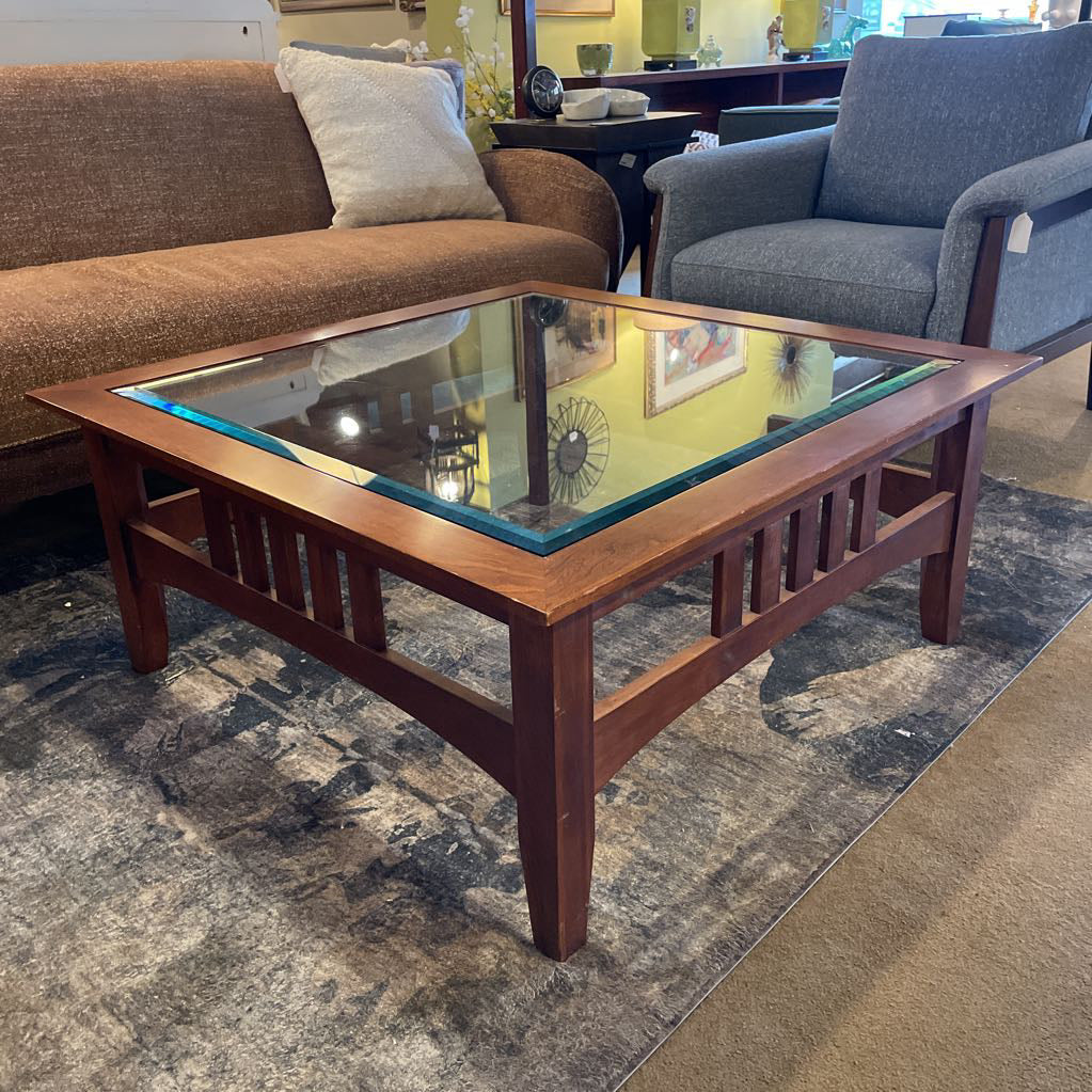 Ethan Allen Glass Top Square Wooden Coffee Table C COFFEE TABLES