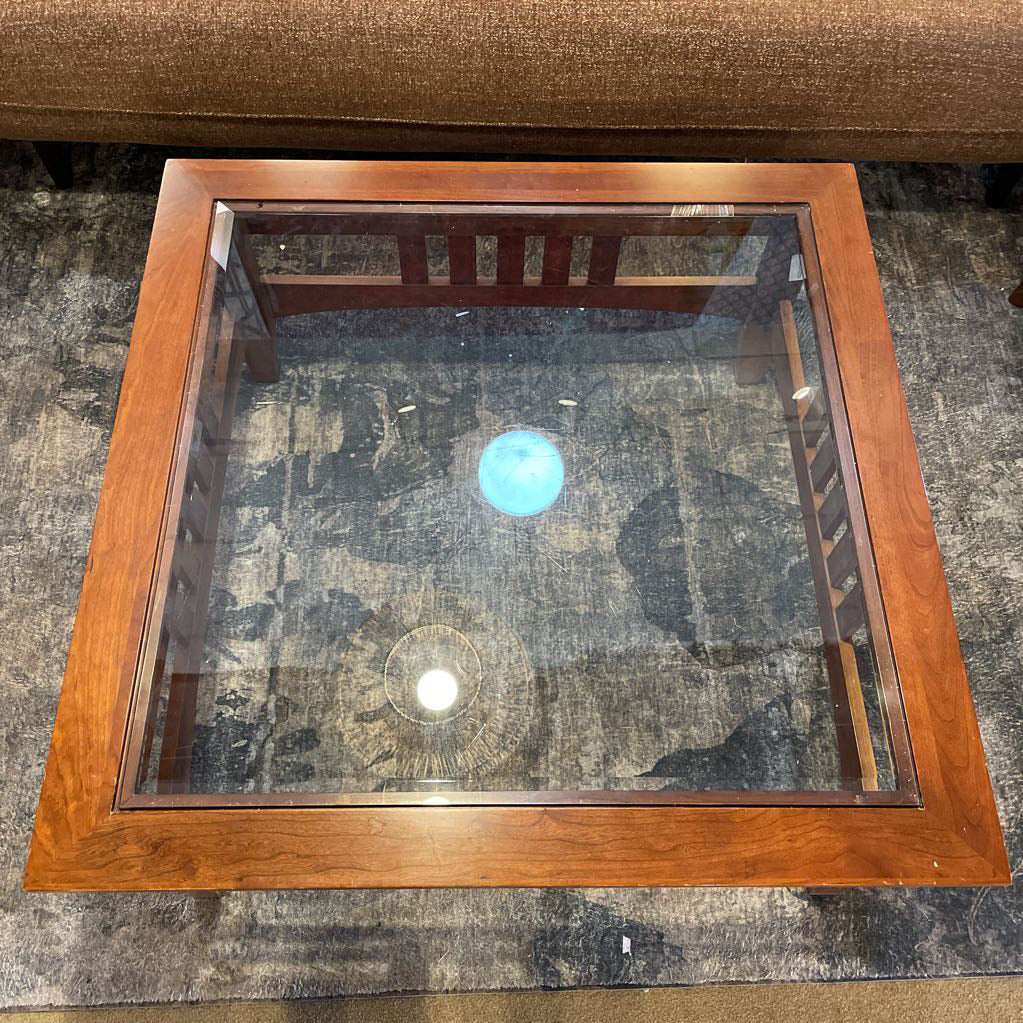 Ethan Allen Glass Top Square Wooden Coffee Table C COFFEE TABLES