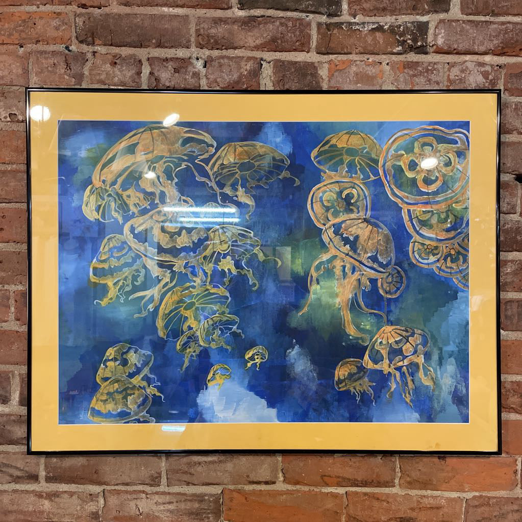 Fanciful Jellyfish with Blue-Green Background Original Art/California Artist