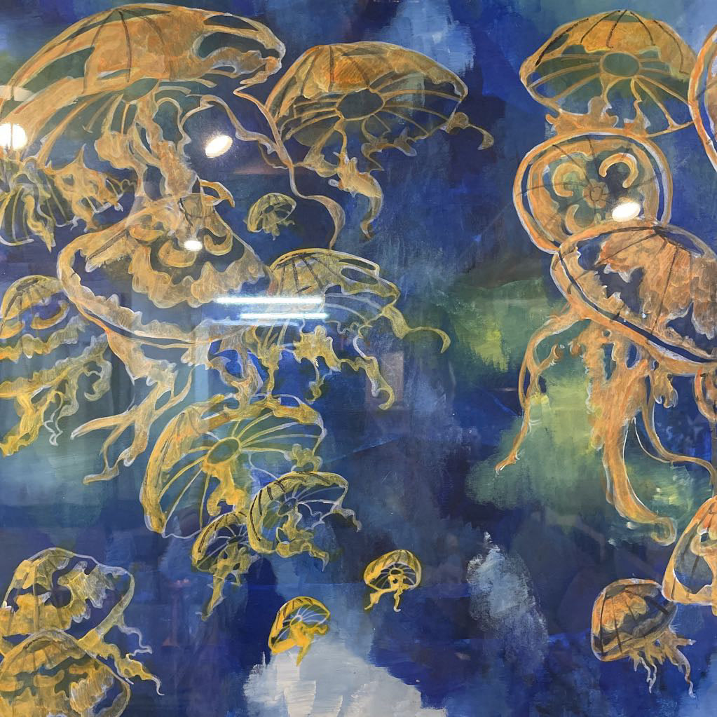 Fanciful Jellyfish with Blue-Green Background Original Art/California Artist
