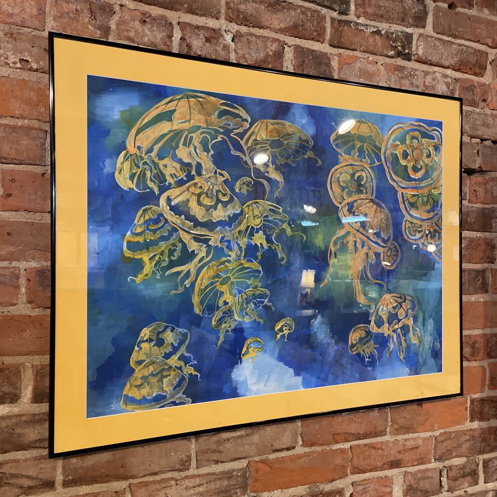 Fanciful Jellyfish with Blue-Green Background Original Art/California Artist