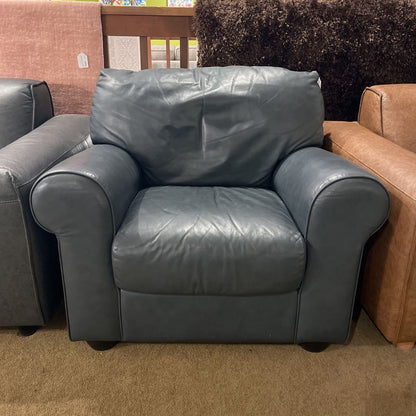 Blue Leather Overstuffed Armchair