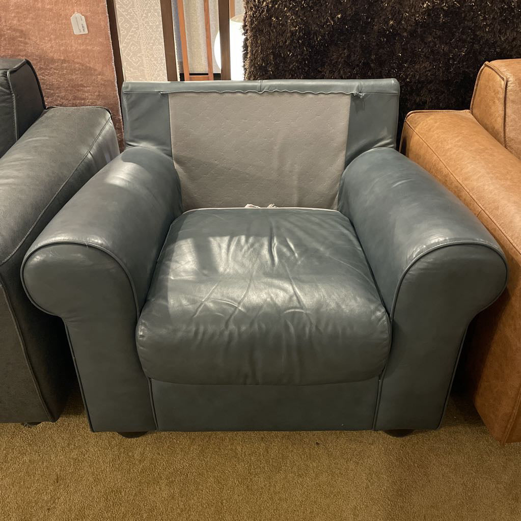 Blue Leather Overstuffed Armchair