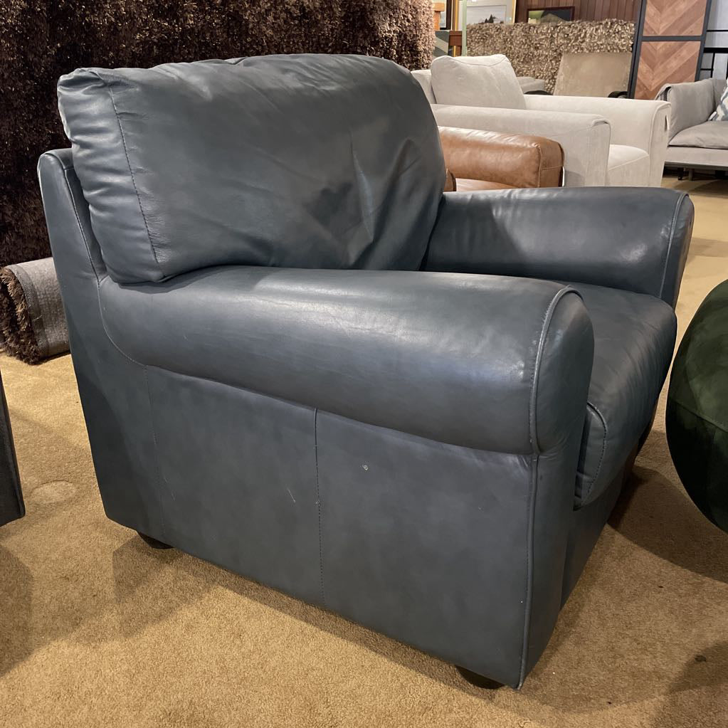 Blue Leather Overstuffed Armchair