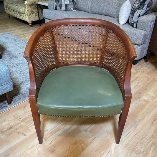 Cane Curved Back Green Leather Accent Chair