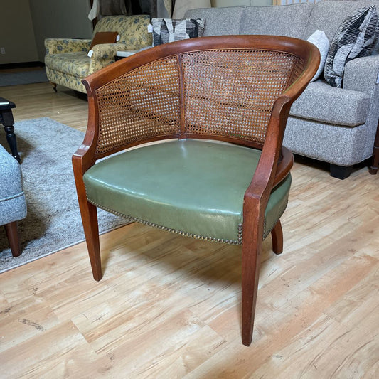 Cane Curved Back Green Leather Accent Chair