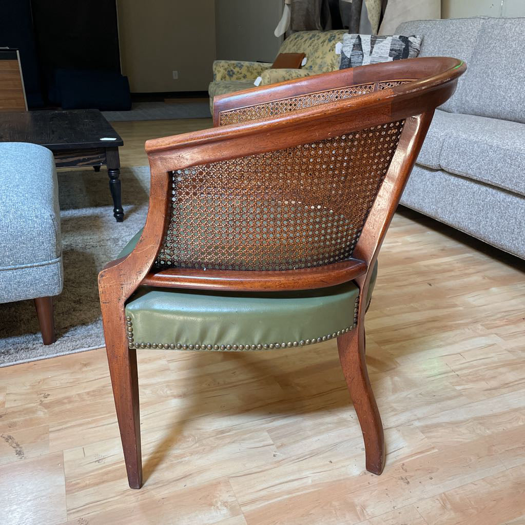 Cane Curved Back Green Leather Accent Chair