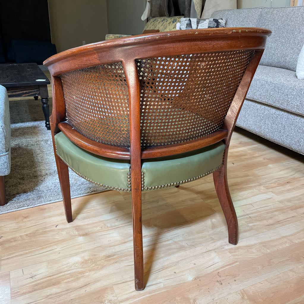 Cane Curved Back Green Leather Accent Chair