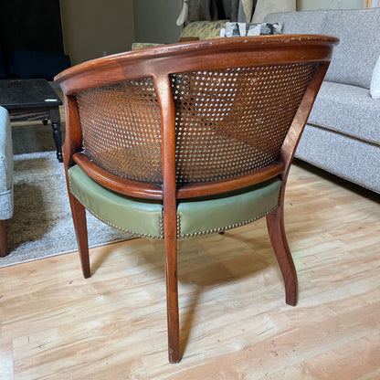 Cane Curved Back Green Leather Accent Chair
