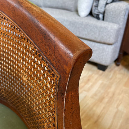 Cane Curved Back Green Leather Accent Chair