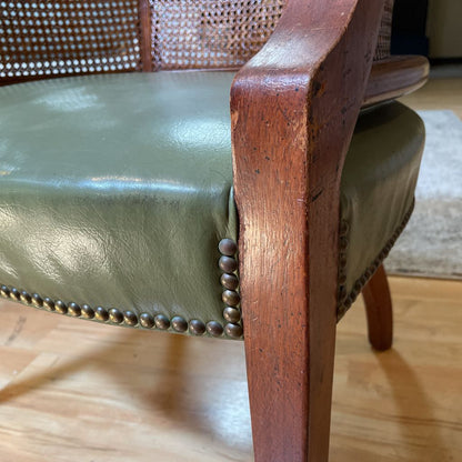 Cane Curved Back Green Leather Accent Chair