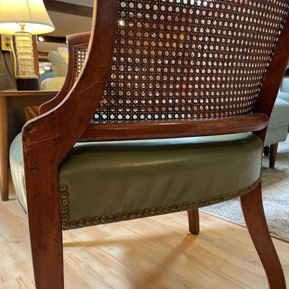 Cane Curved Back Green Leather Accent Chair
