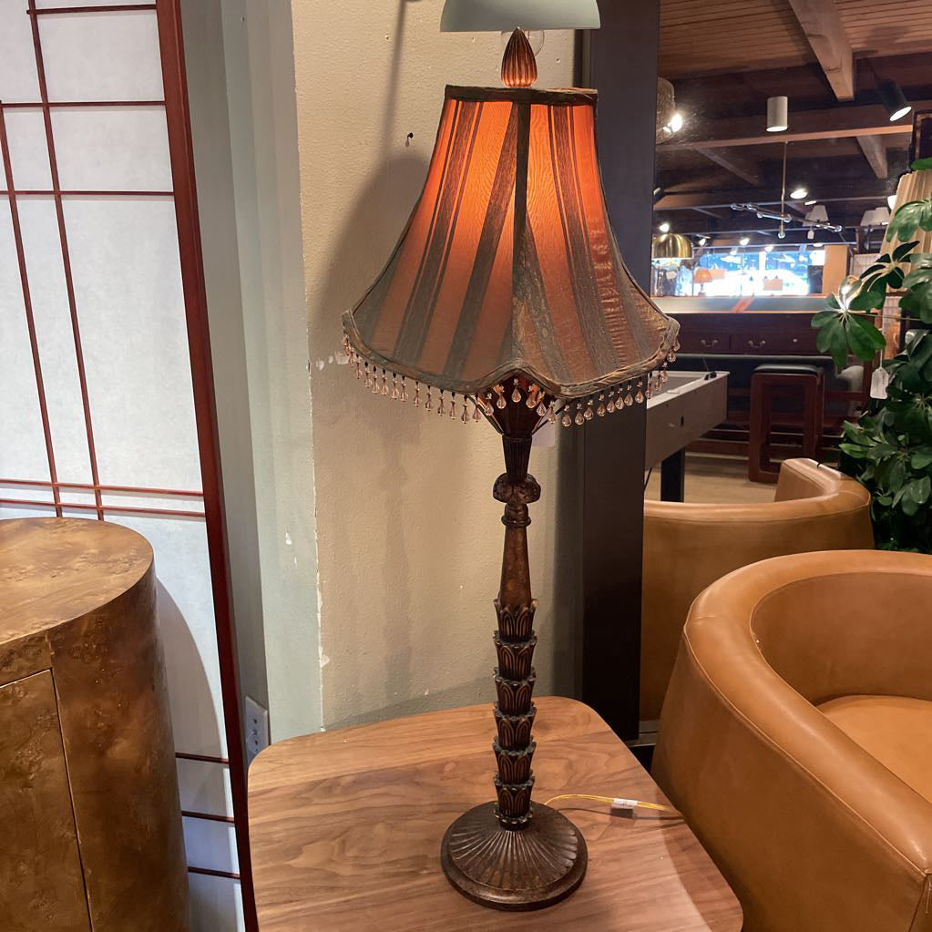 Palm Motif Tall Table Lamp with Square Beaded Shade