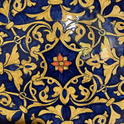 Blue Plate with Dark Gold/Yellow Pattern and Center Flower Detail