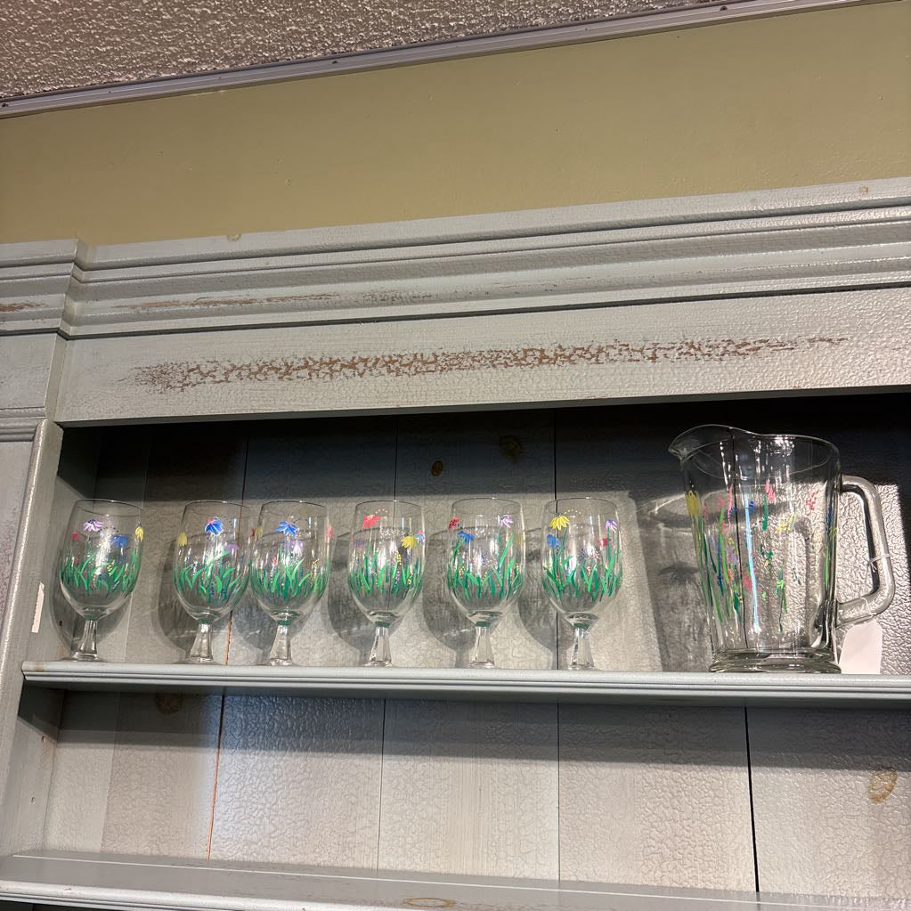Floral Painted Pitcher & 6 Glasses Set