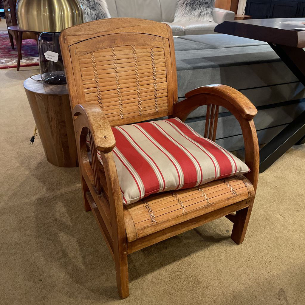 Wood Rattan Chair with Curved Arm Rest & Striped Pillow Seat Pad