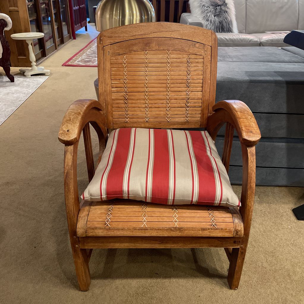 Wood Rattan Chair with Curved Arm Rest & Striped Pillow Seat Pad