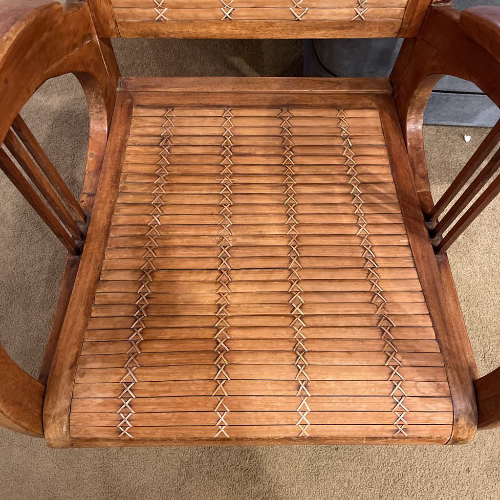 Wood Rattan Chair with Curved Arm Rest & Striped Pillow Seat Pad