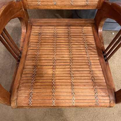 Wood Rattan Chair with Curved Arm Rest & Striped Pillow Seat Pad