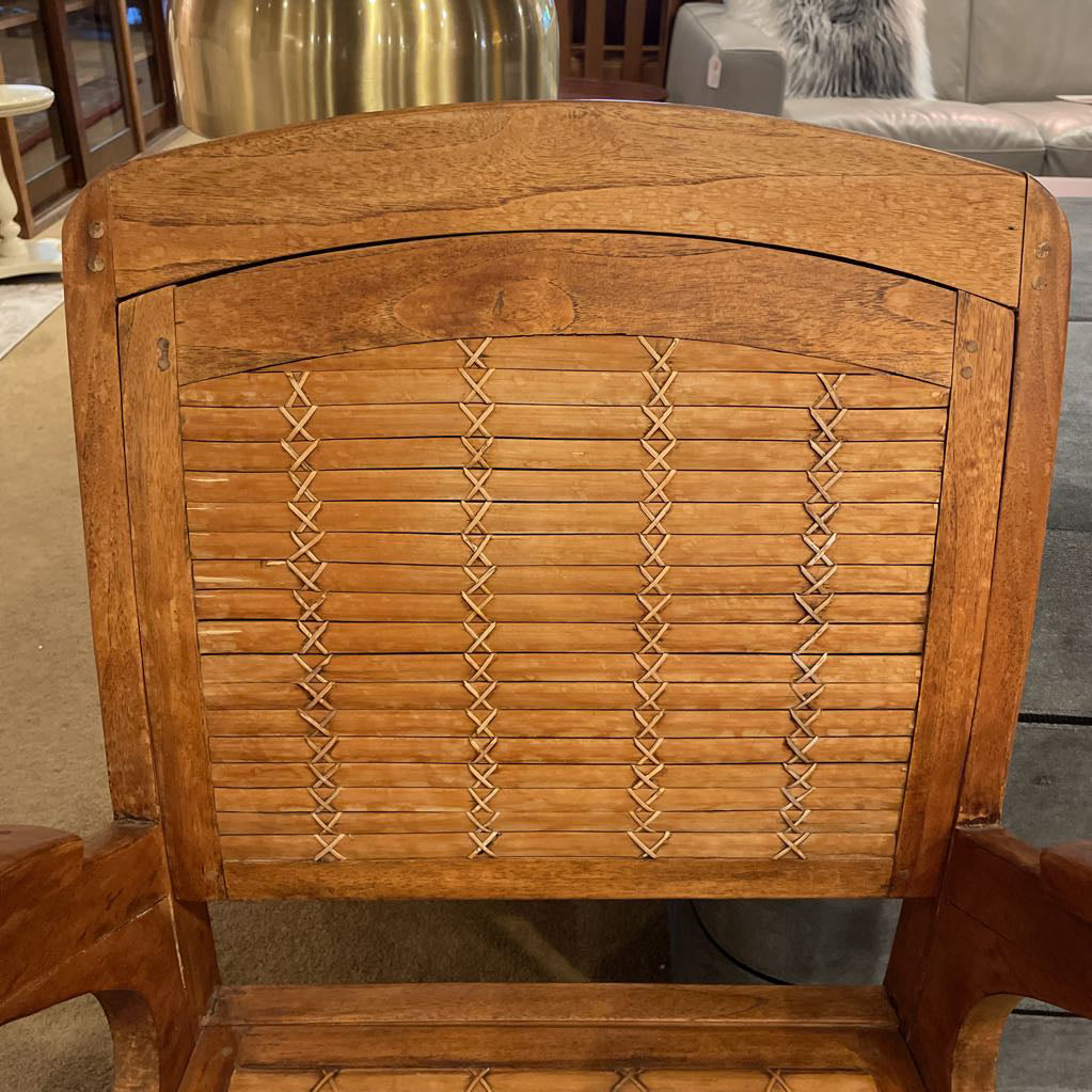 Wood Rattan Chair with Curved Arm Rest & Striped Pillow Seat Pad