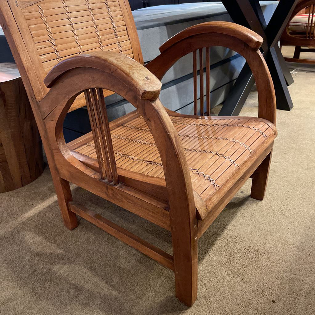 Wood Rattan Chair with Curved Arm Rest & Striped Pillow Seat Pad