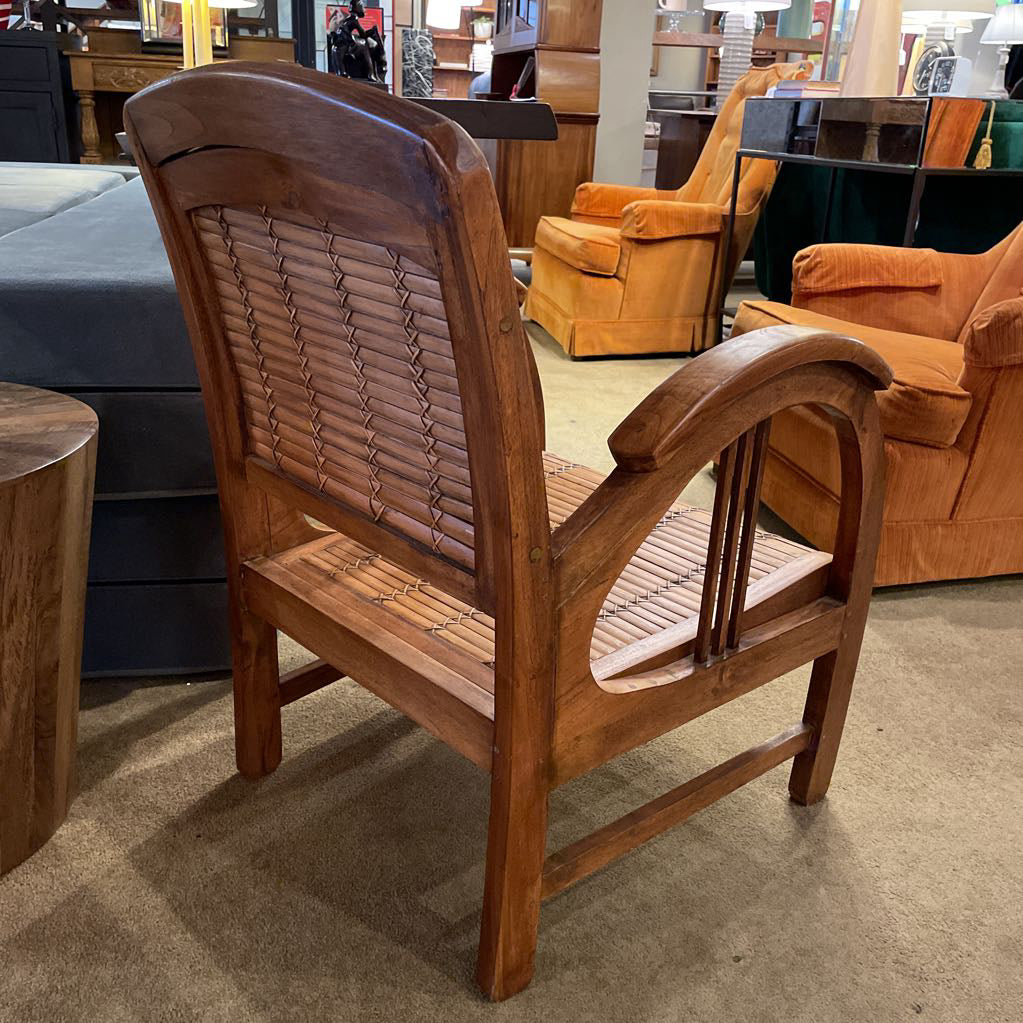Wood Rattan Chair with Curved Arm Rest & Striped Pillow Seat Pad