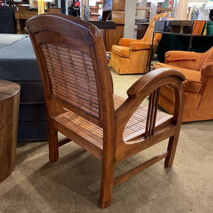 Wood Rattan Chair with Curved Arm Rest & Striped Pillow Seat Pad