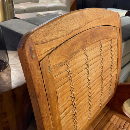 Wood Rattan Chair with Curved Arm Rest & Striped Pillow Seat Pad