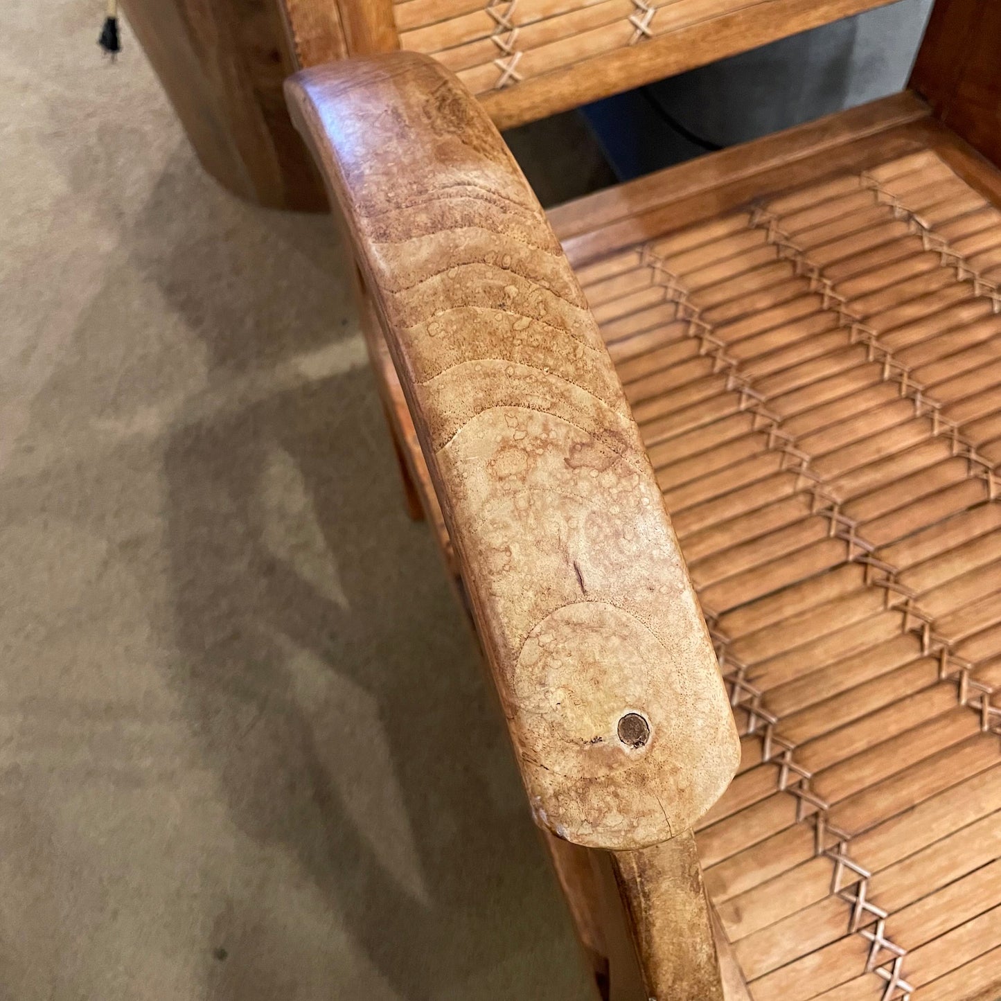 Wood Rattan Chair with Curved Arm Rest & Striped Pillow Seat Pad